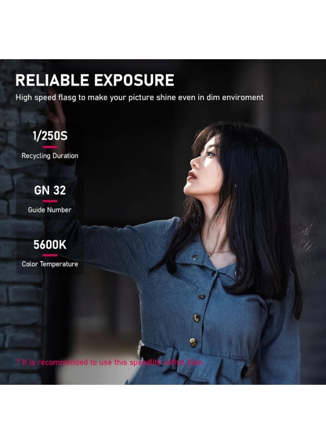 F32 Camera Flash, Camera Speedlite with GN32 / CCT 5600K for Canon/Fuji/Sony/Nikon/Panasonic Olympus Pentax and Other SLR Digital Cameras with Single Contact Hot Shoe, External Flash with Diffuser - view 3